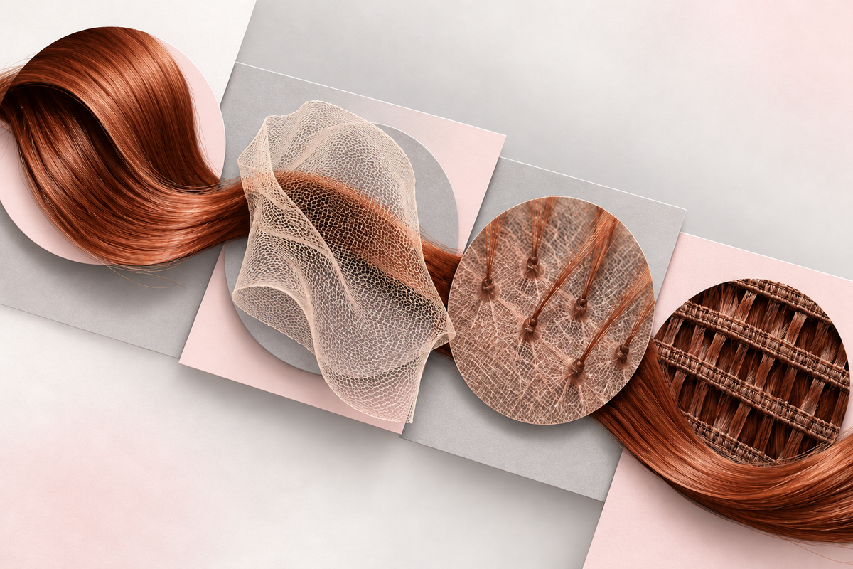 Abstract editorial collage of synthetic hair fibers and wig-cap material textures on a soft gray and blush background.