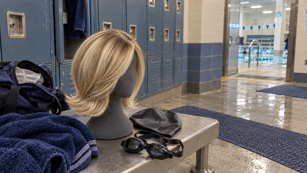 Champagne blonde layered synthetic bob set aside with swim gear in an everyday indoor pool changing area