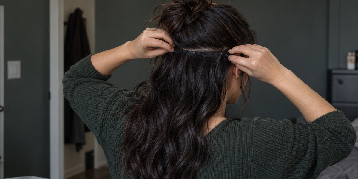 Woman positioning a dark wavy synthetic clip-in hair extension across a back section of her hair