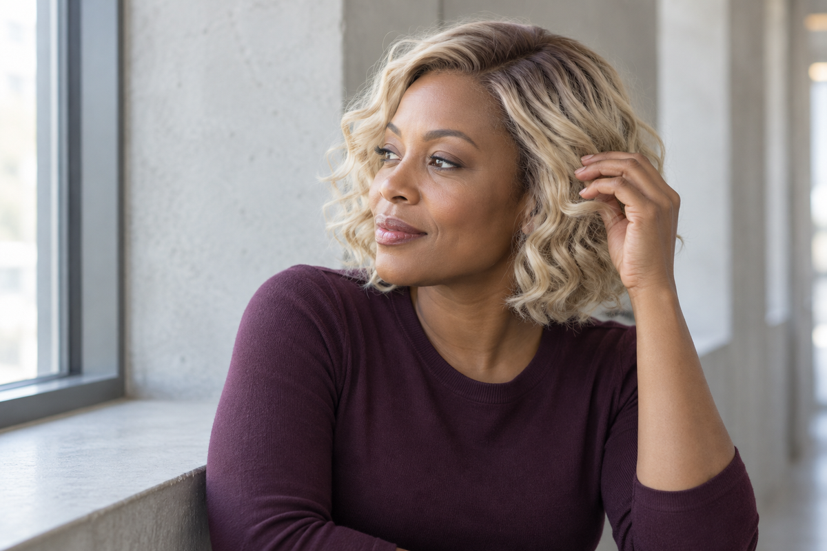 Editorial illustration of a woman checking a short rooted blonde wig in daylight