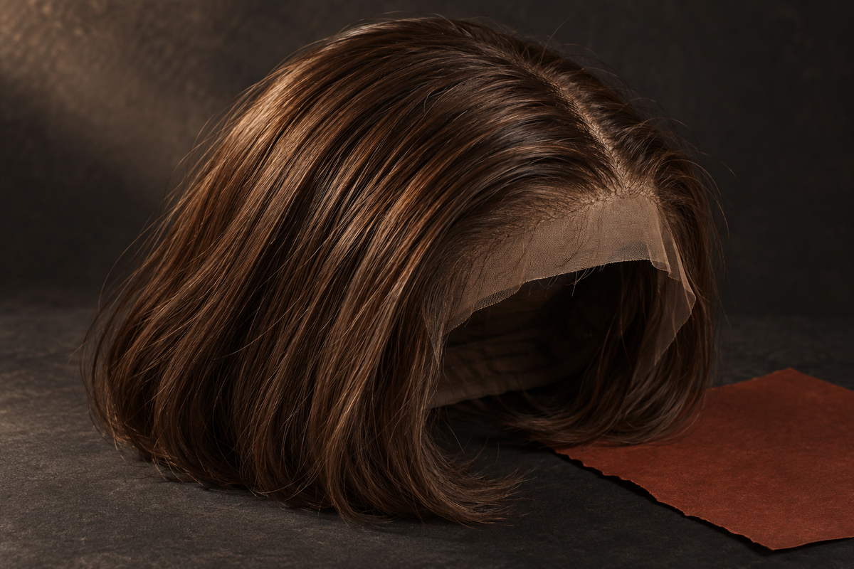 Editorial illustration of a wig front edge and hairline construction