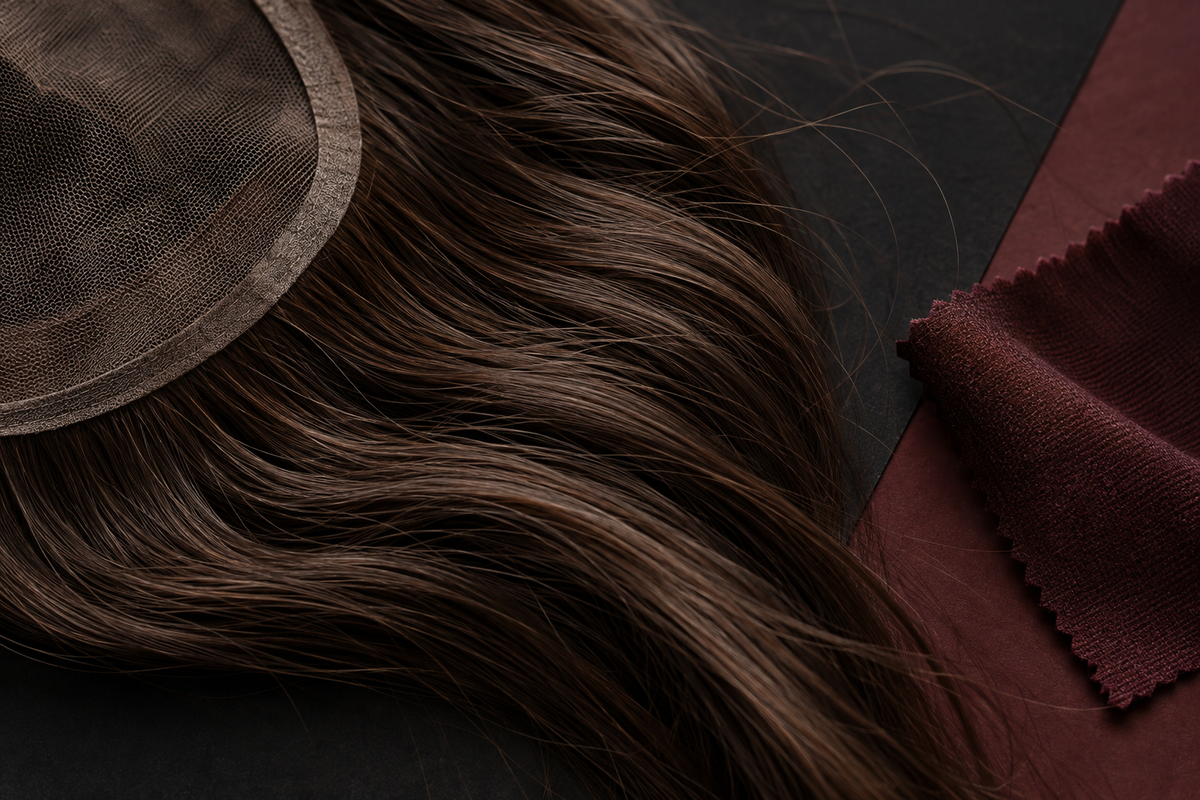 Editorial macro illustration of hair fibers and a topper base edge
