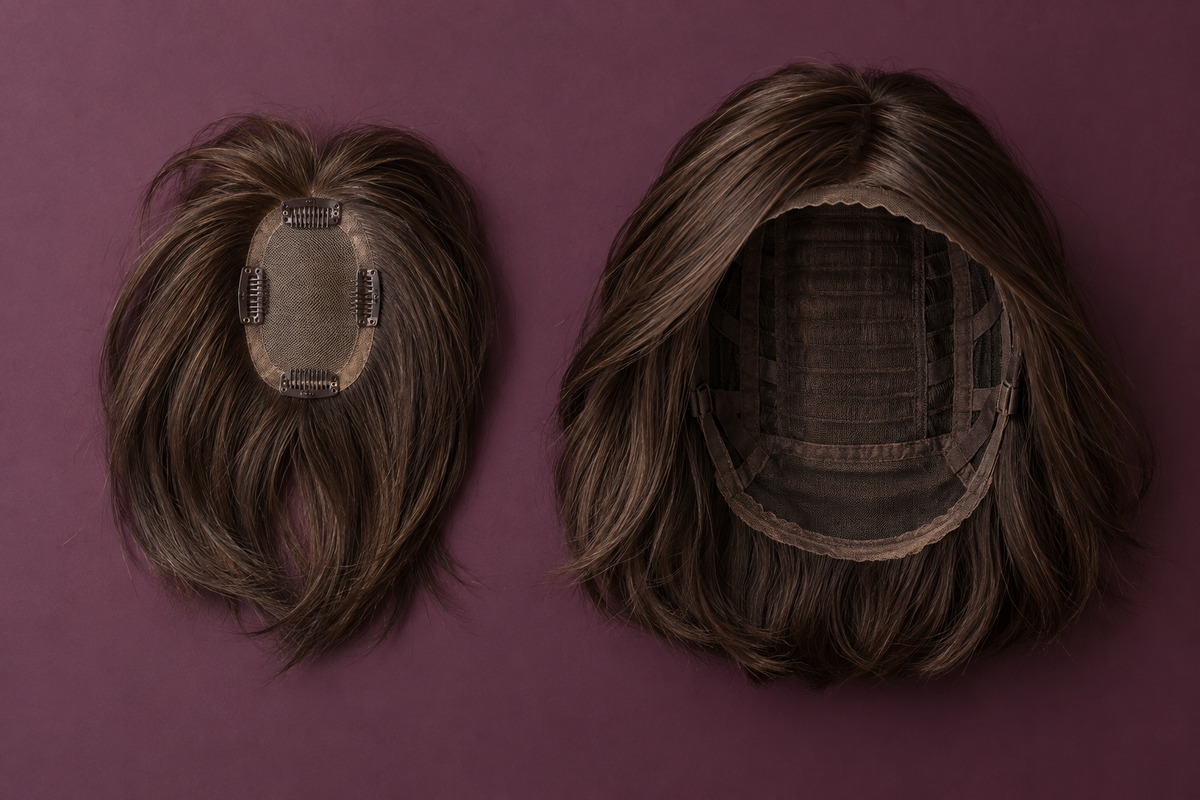 Editorial comparison illustration of a small clip-in topper and a full wig viewed from above