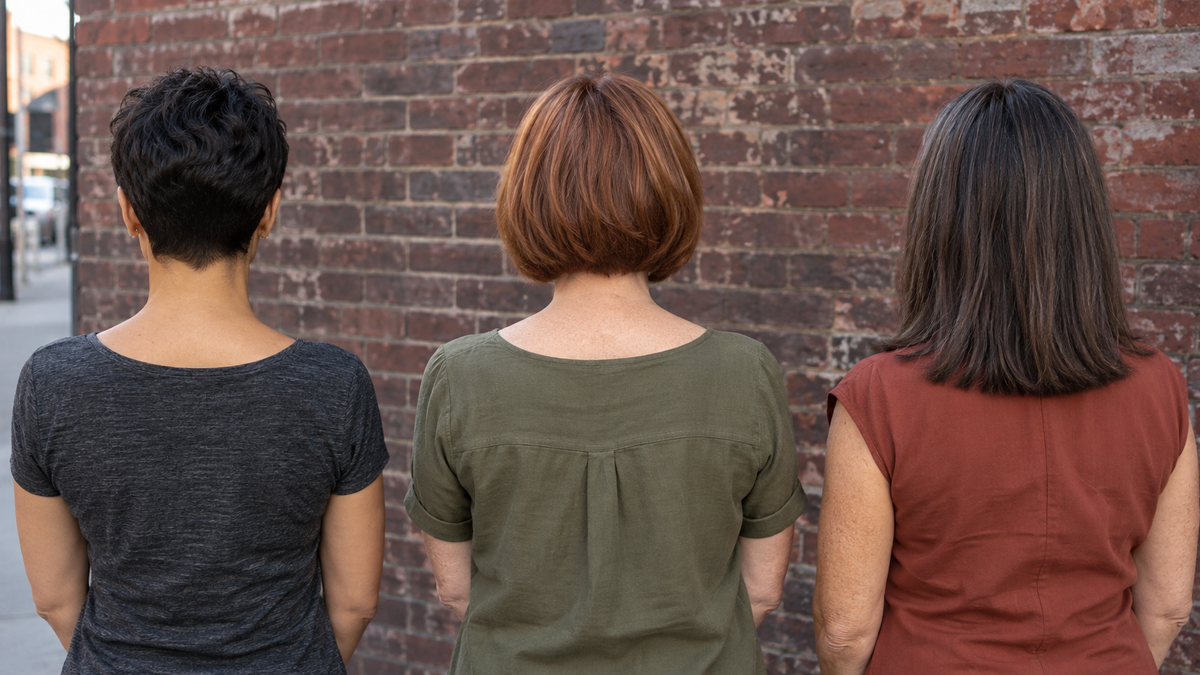 Editorial illustration comparing a cropped pixie, jaw-length bob, and shoulder-length lob from behind