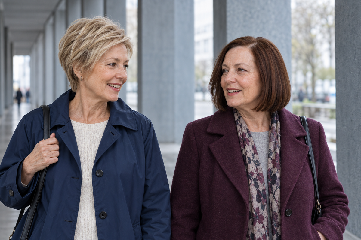 Two women around 60 wearing a short pastel blonde pixie and an auburn brown bob outdoors