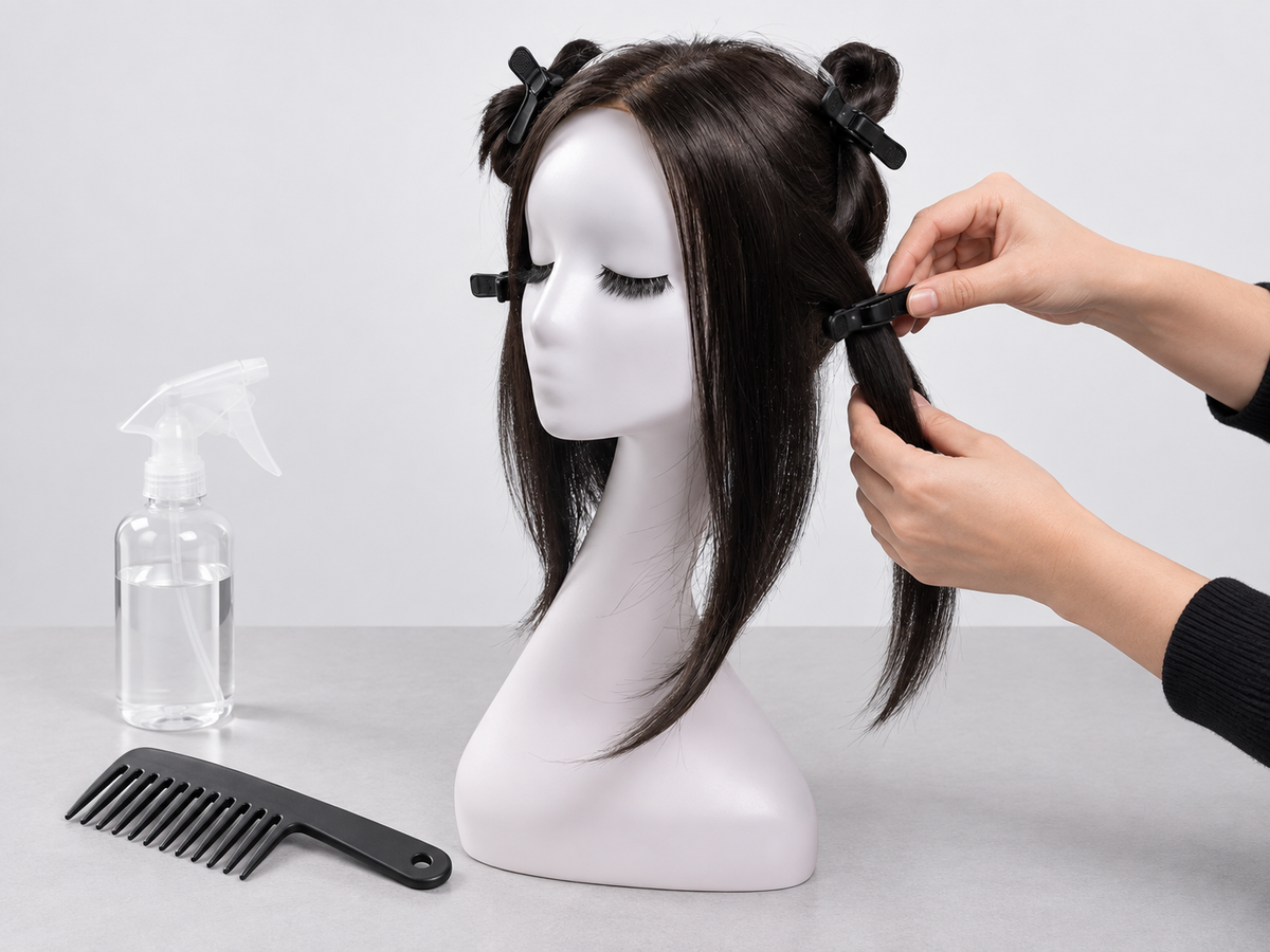 Hands using a wide-tooth comb to detangle a dark brown synthetic wig from the ends