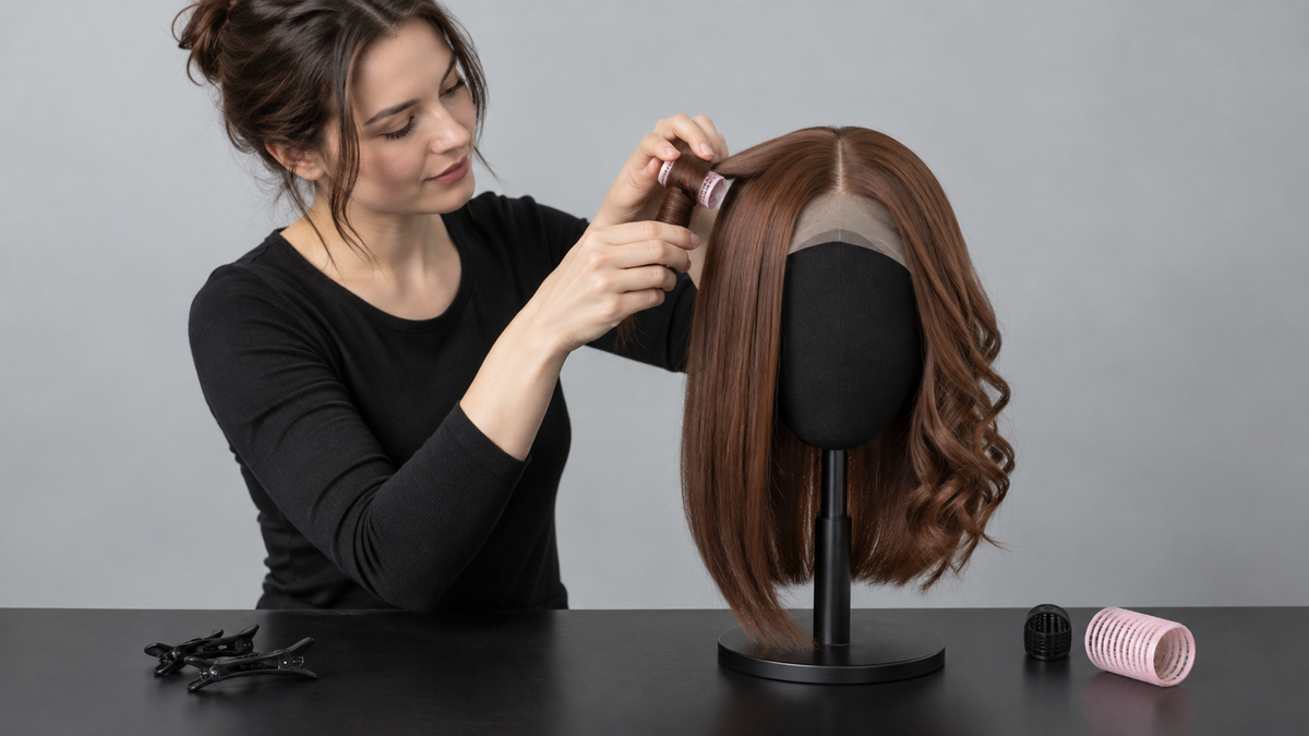 Styling an auburn brown synthetic lob with rollers to create curls