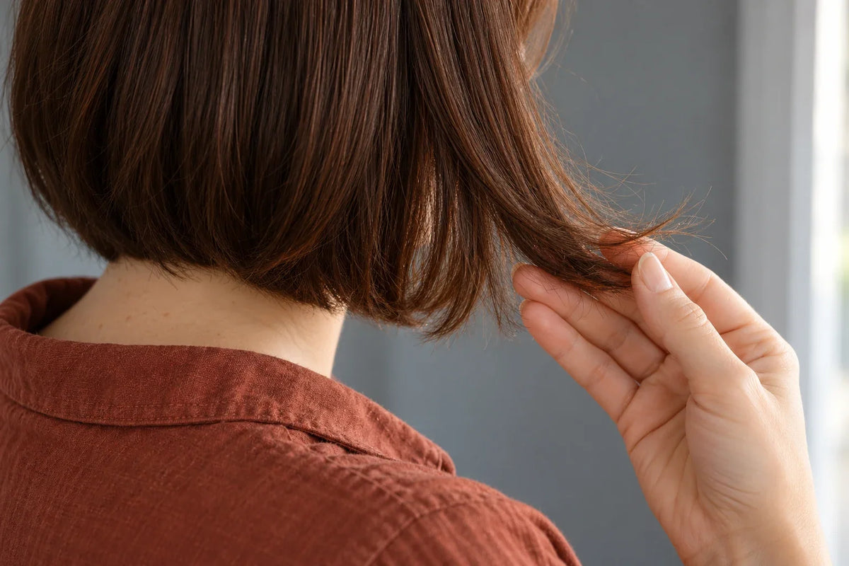 Editorial illustration of how to defrizz a synthetic wig, showing a hand supporting auburn bob ends for inspection.