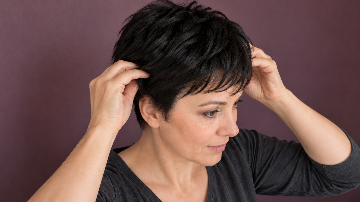 Woman adjusting a short black pixie wig during a first fitting.