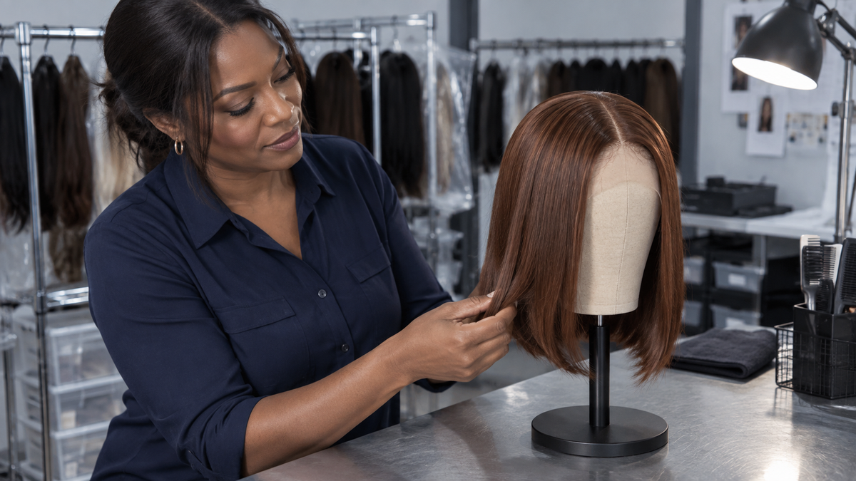 Inspecting and smoothing an auburn brown straight synthetic lob in a wig workroom