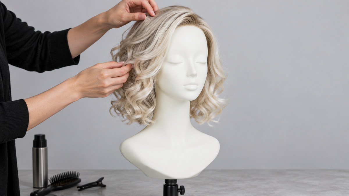 Styling a synthetic wig by hand on a mannequin stand