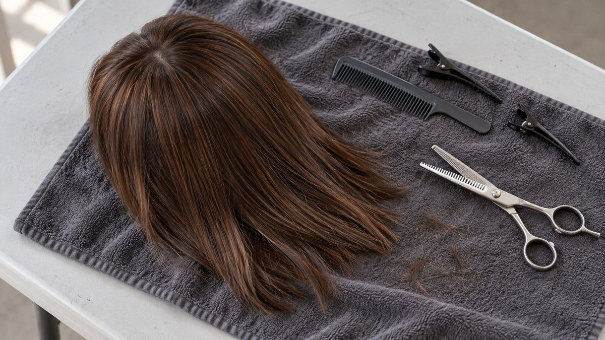 How to thin out a wig, illustrated with a straight brown lob, thinning shears and sectioning tools on a work surface.