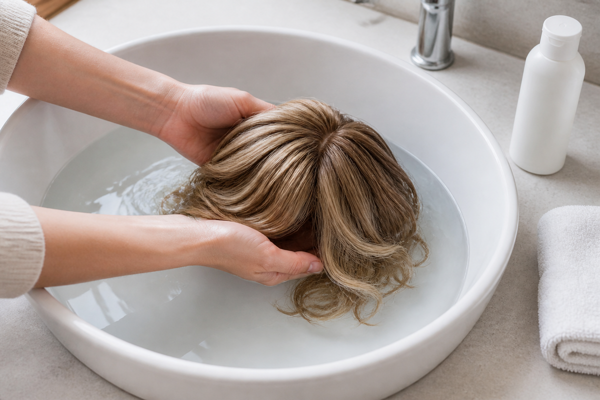 Hands gently washing a short blonde synthetic wig in cool water