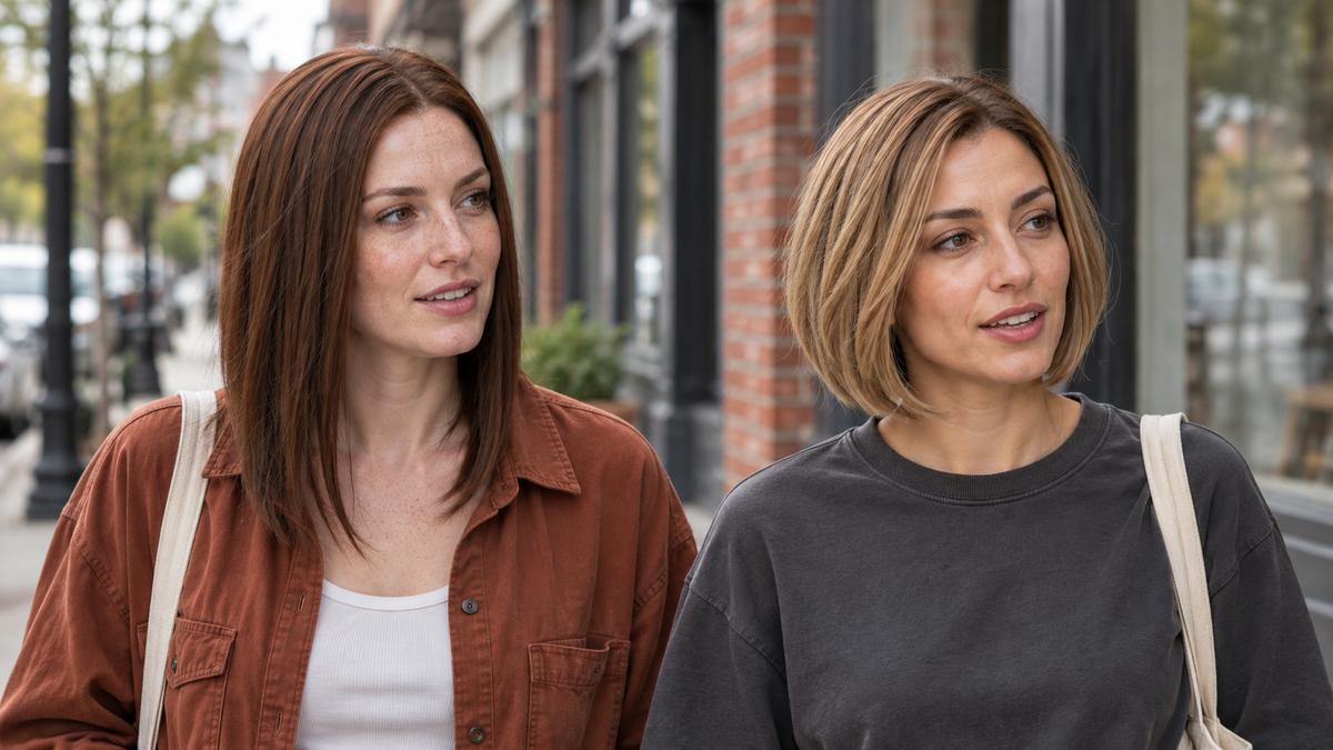 Wig density illustration with a straight brown lob and a rounded blonde bob on two women.