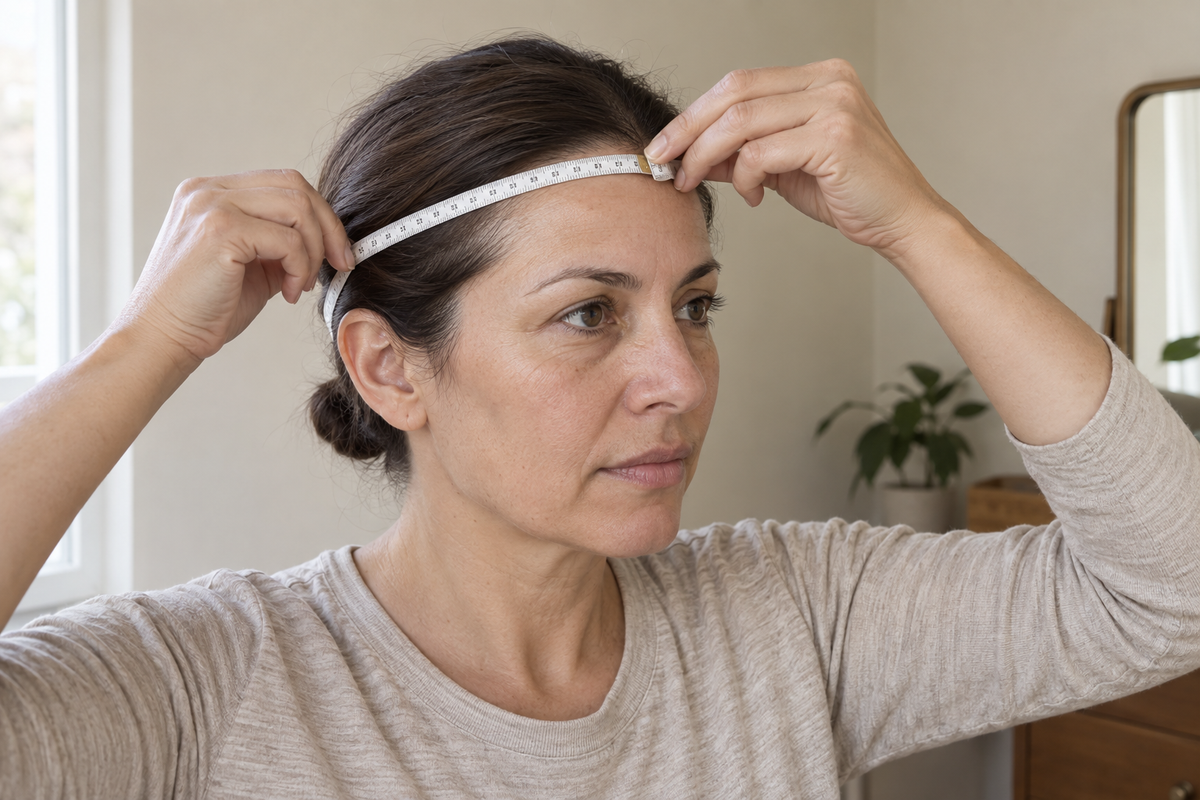 Woman using a soft tape to measure her head circumference at the front hairline