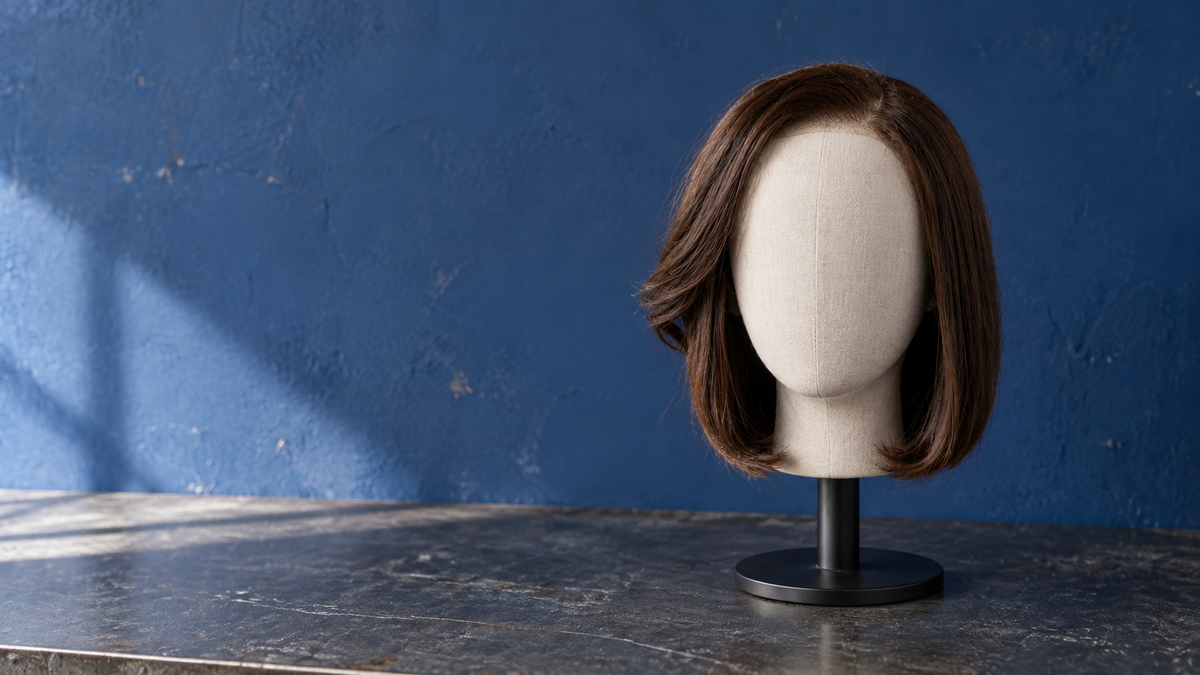 Auburn brown 8-inch blunt bob synthetic wig on a black stand against a blue wall