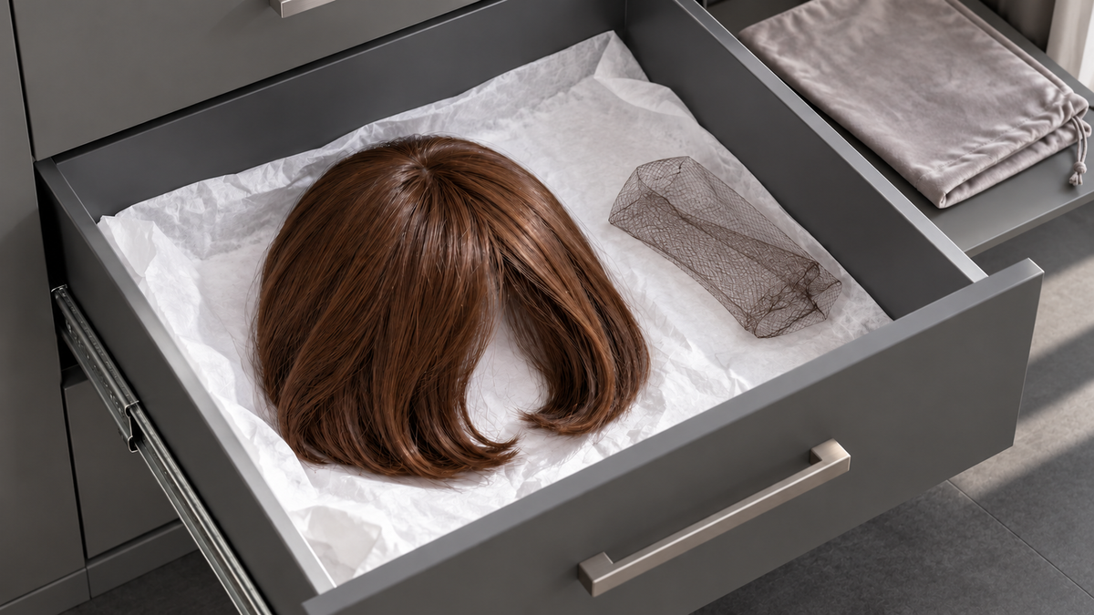 Auburn bob wig lying uncrushed in a deep drawer with a protective net nearby