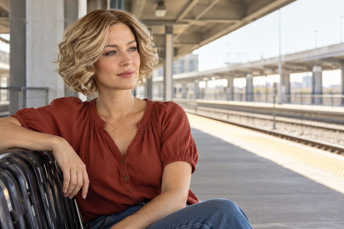 Editorial illustration of a woman wearing a pearl blonde curly bob wig on a sunny train platform