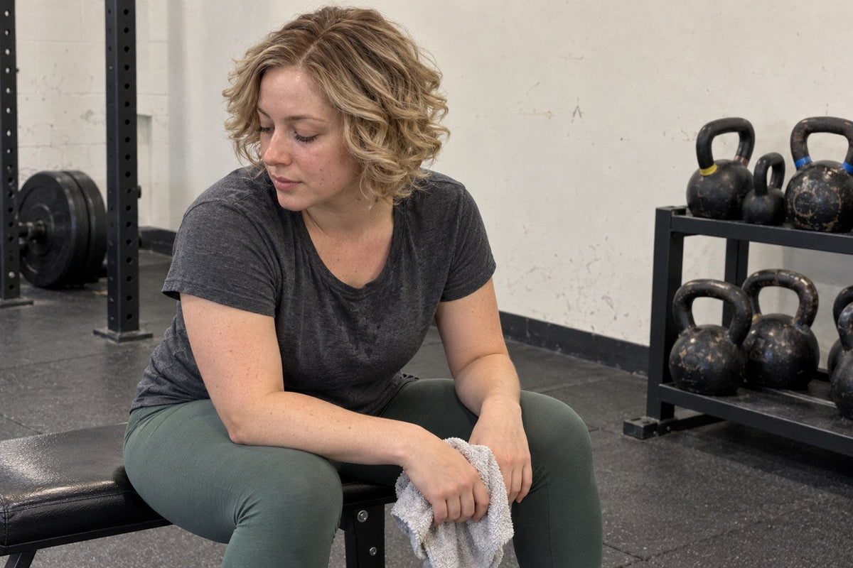 Can you exercise with a wig on? A woman in a blonde curly bob resting on a gym bench with a towel between exercises.