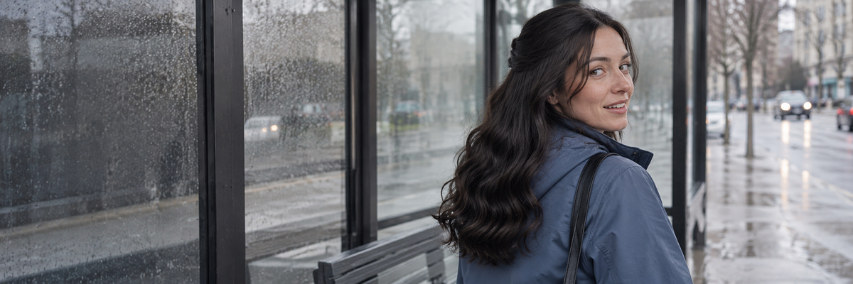 Woman with long dark waves in a city setting, representing curly synthetic wigs and wavy hairpieces.