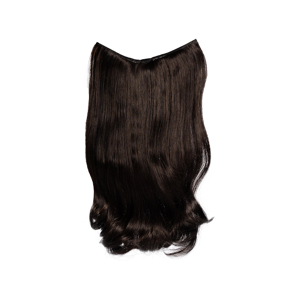 18-inch dark brown wavy clip-in hair extension laid flat, showing the weft and curved ends