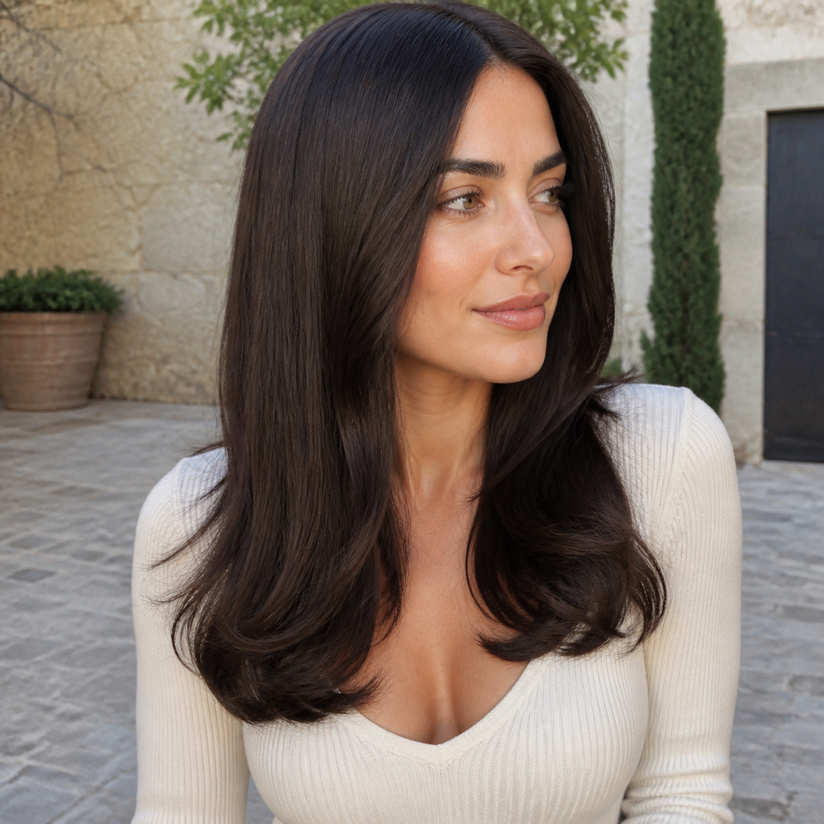 18-inch dark brown wavy clip-in hair extension worn in a stone courtyard