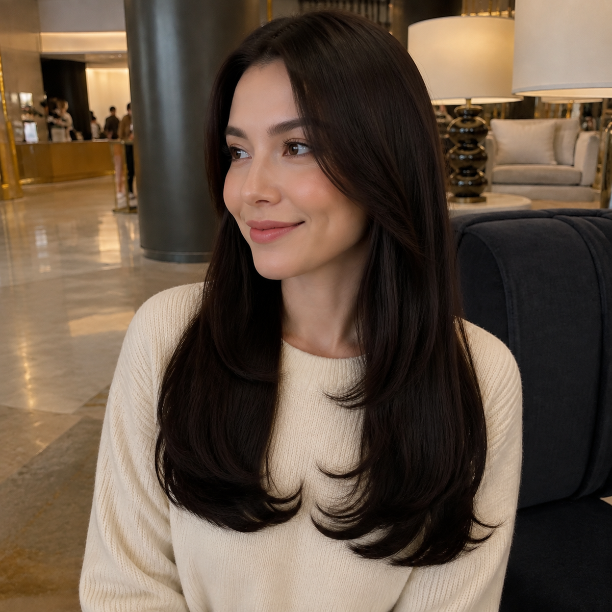 18-inch dark brown wavy clip-in hair extension worn in a hotel lounge