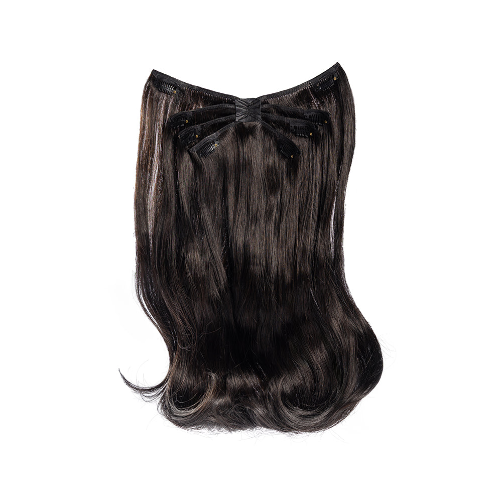 18-inch black wavy clip-in hair extension laid flat, showing the weft and curved ends