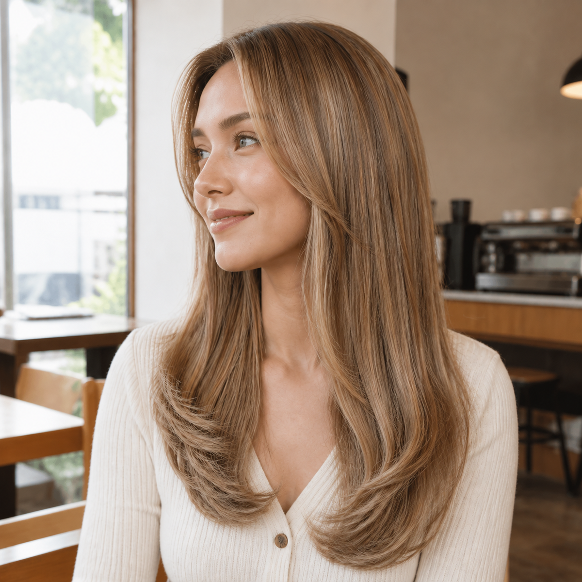 18-inch champagne blonde wavy clip-in hair extension worn in a cafe