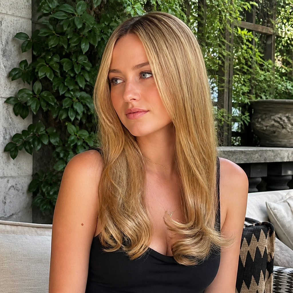 18-inch champagne blonde wavy clip-in hair extension worn on a garden patio