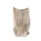 18-inch platinum blonde wavy clip-in hair extension laid flat, showing the weft and curved ends