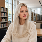 18-inch platinum blonde wavy clip-in hair extension worn in a library