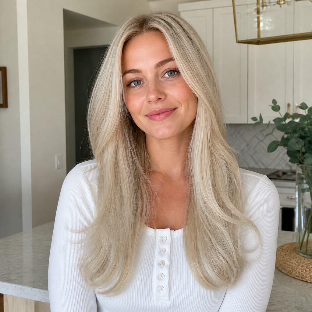 18-inch platinum blonde wavy clip-in hair extension worn in a bright kitchen