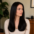 18-inch black wavy clip-in hair extension worn seated in a living room