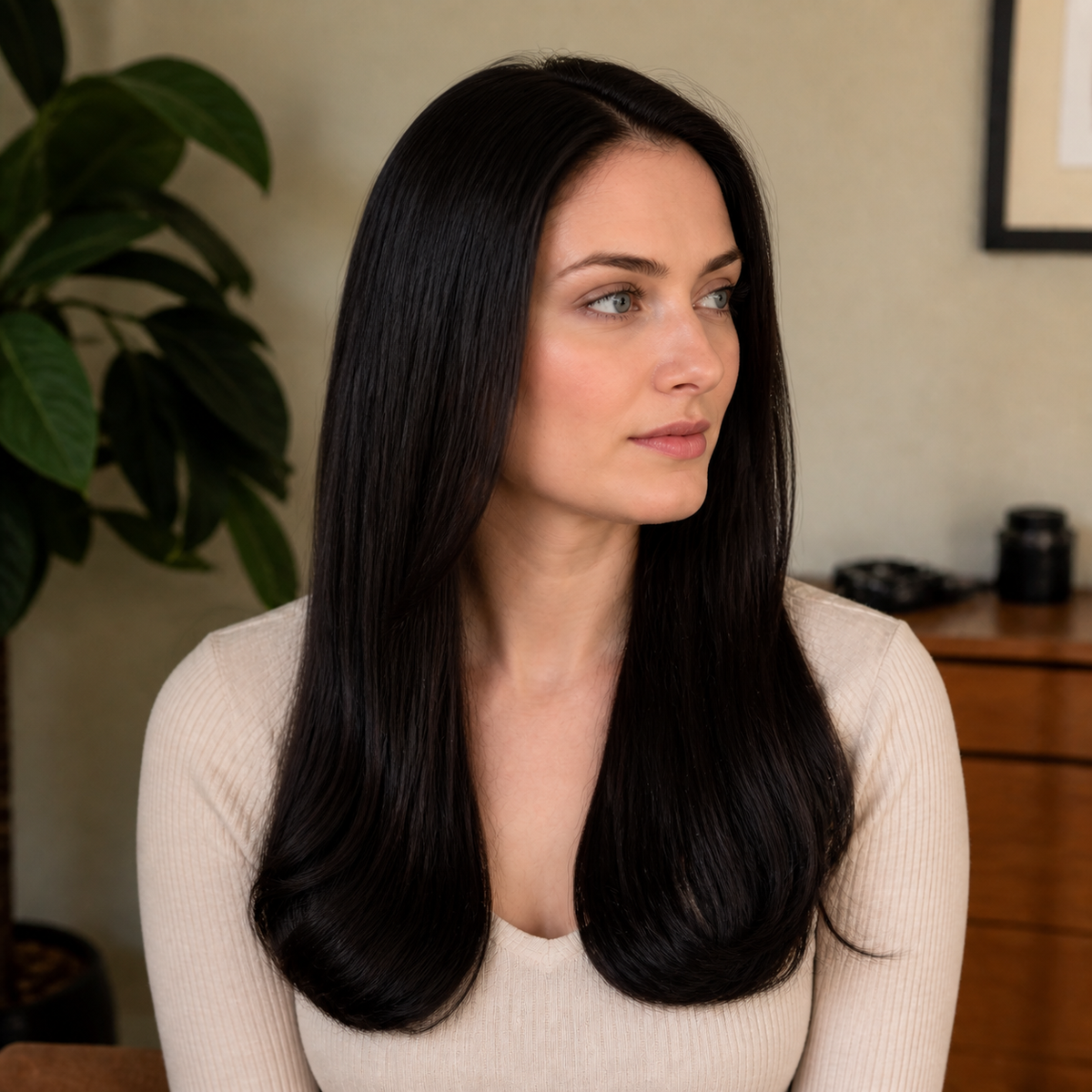 18-inch black wavy clip-in hair extension worn seated in a living room