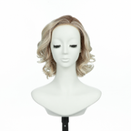 9-inch loose curly bob synthetic wig in rooted platinum blonde, front view