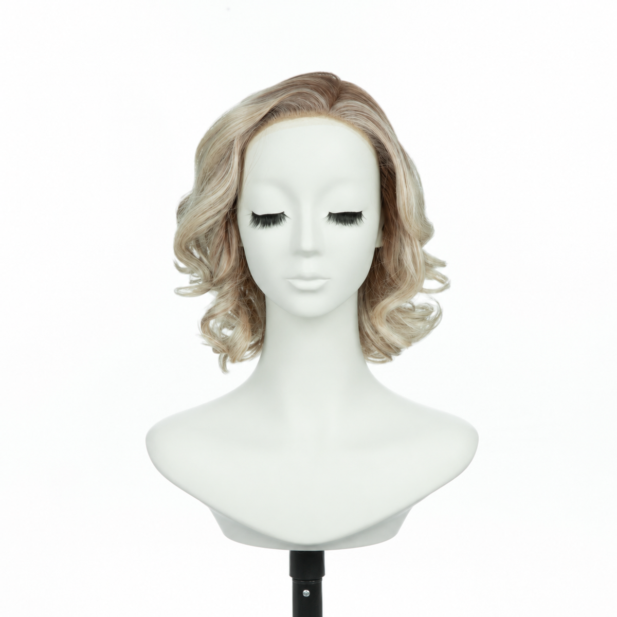 9-inch loose curly bob synthetic wig in rooted platinum blonde, front view