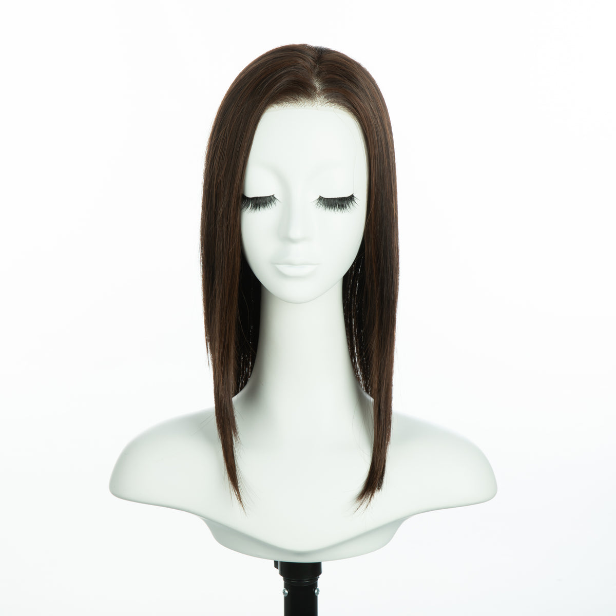 13-inch auburn brown straight long bob wig, front view on a mannequin