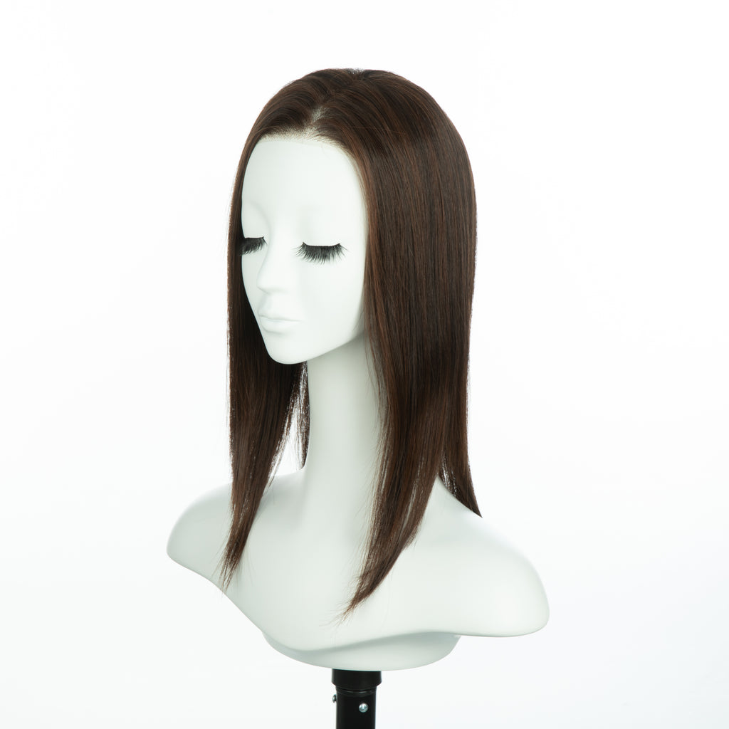 13-inch auburn brown straight long bob wig, three-quarter view facing left