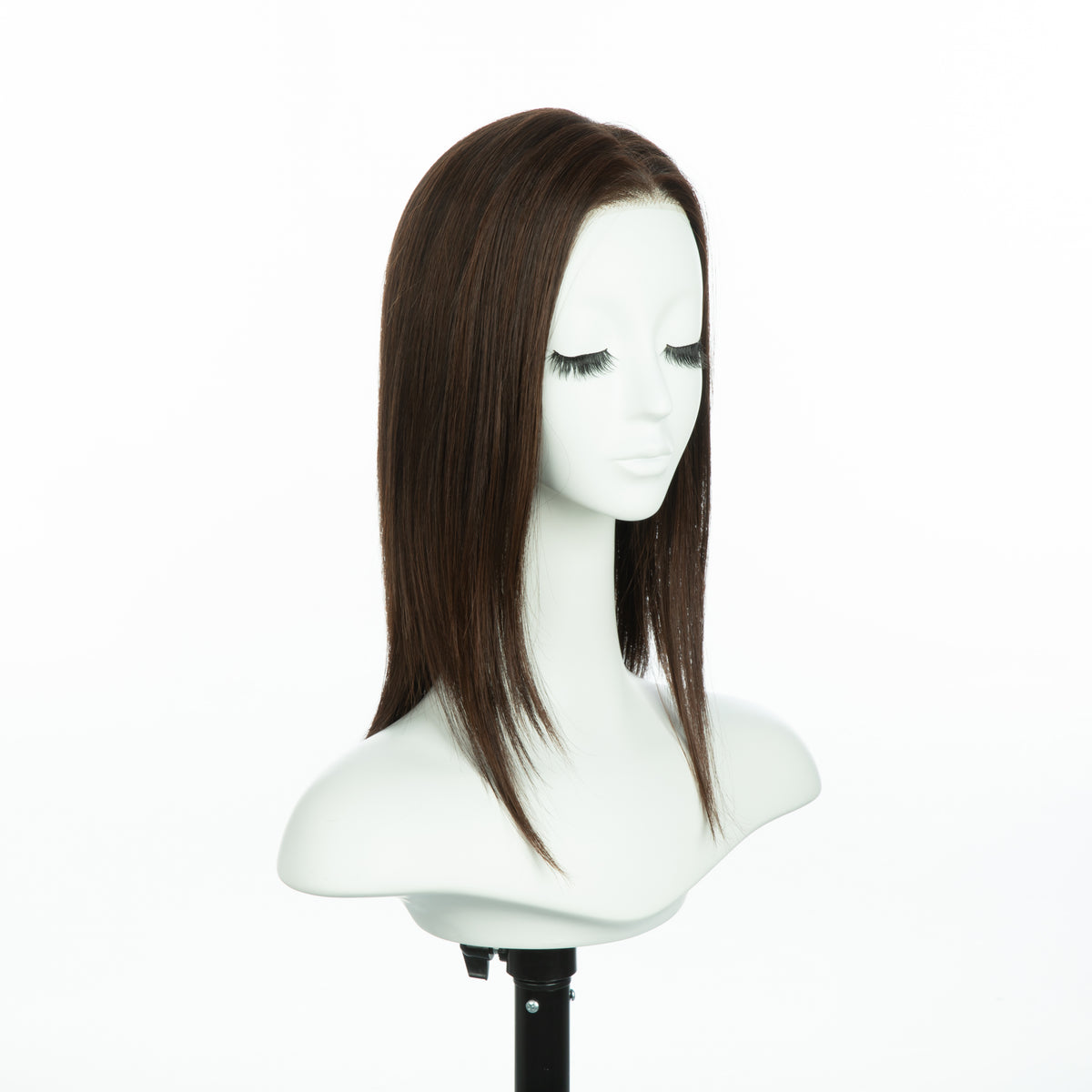 13-inch auburn brown straight long bob wig, three-quarter view facing right
