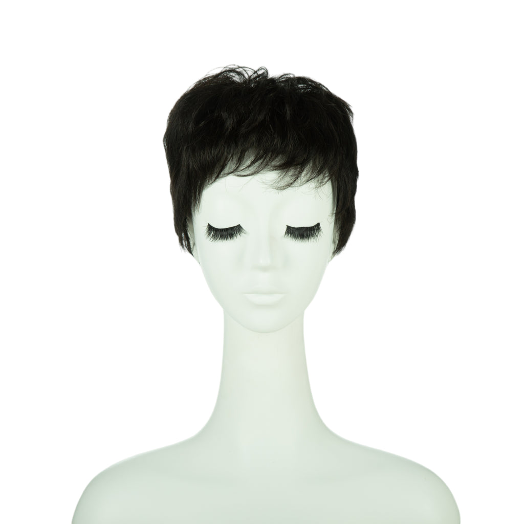 3.5-inch black pixie wig, front view showing the short fringe