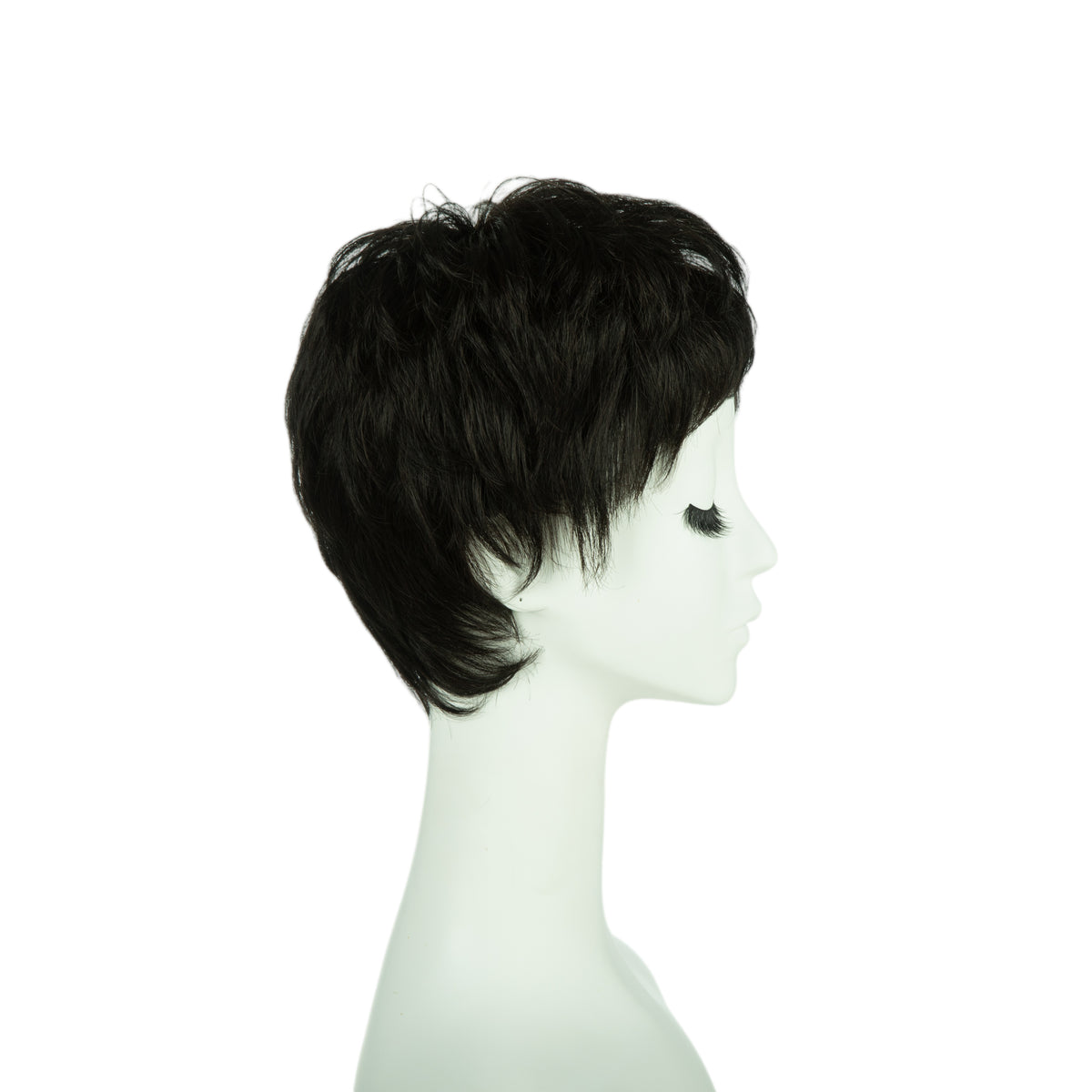 3.5-inch black pixie wig, profile facing right
