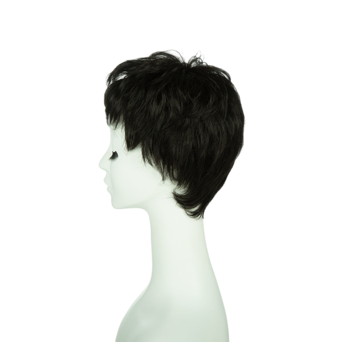 3.5-inch black pixie wig, profile facing left