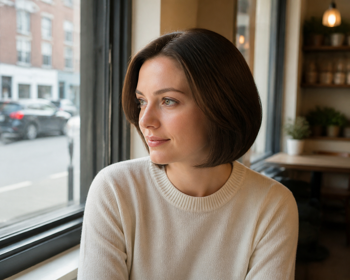 Woman wearing an auburn brown 8-inch blunt straight bob synthetic wig