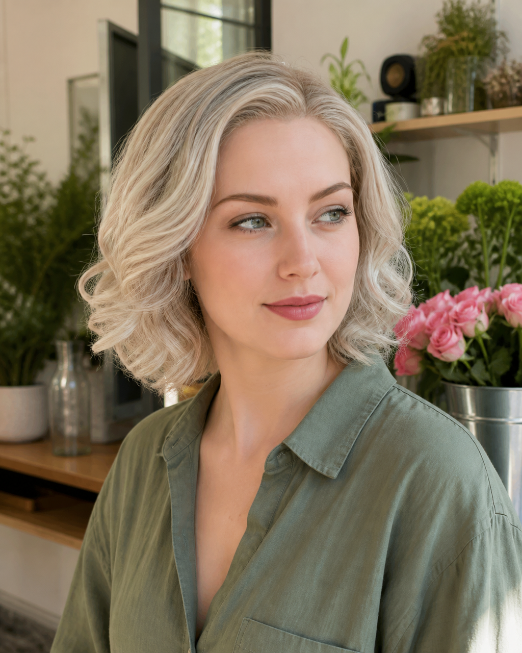 Woman wearing a rooted platinum blonde 9-inch loose curly bob synthetic wig