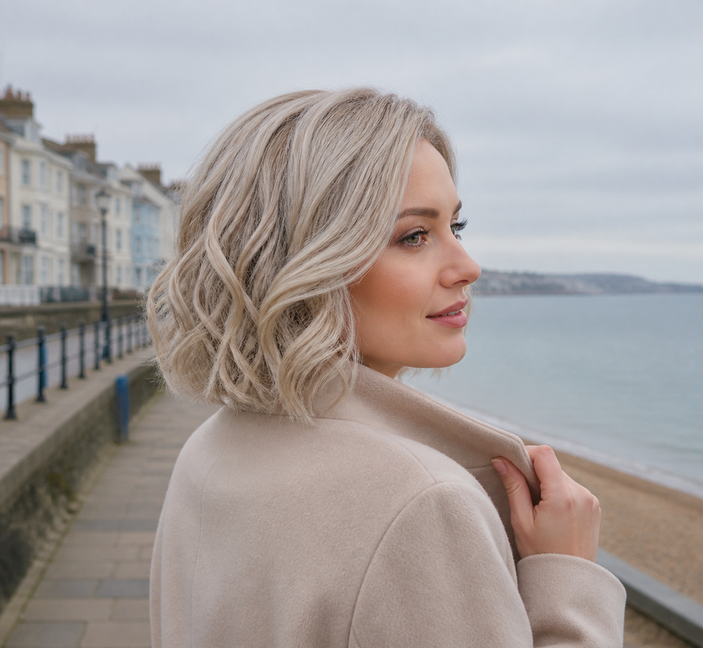 Side view of woman wearing a rooted platinum blonde loose curly bob wig