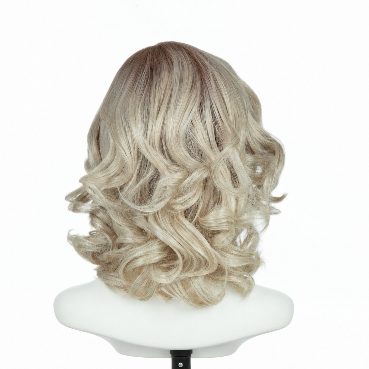 Back view of rooted platinum blonde 9-inch loose curly bob wig