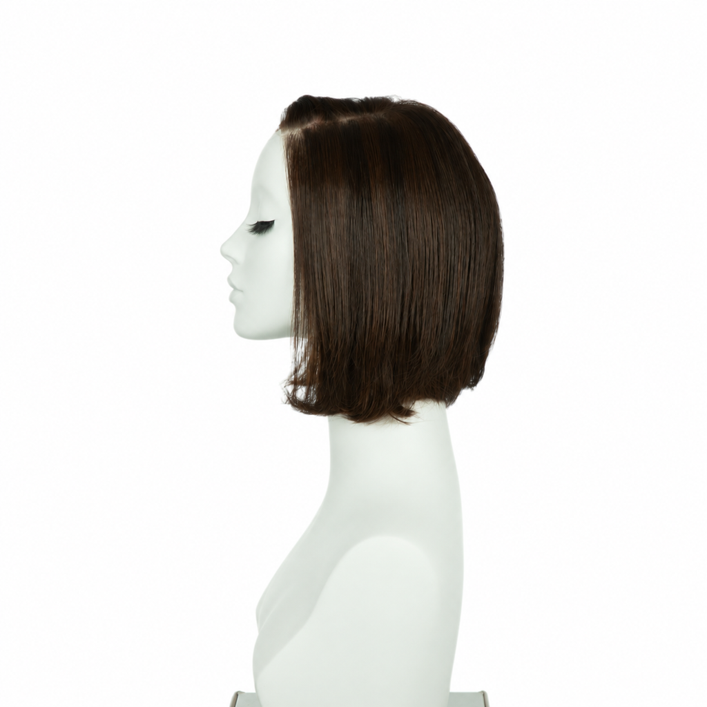Left profile of auburn brown 8-inch blunt bob synthetic wig