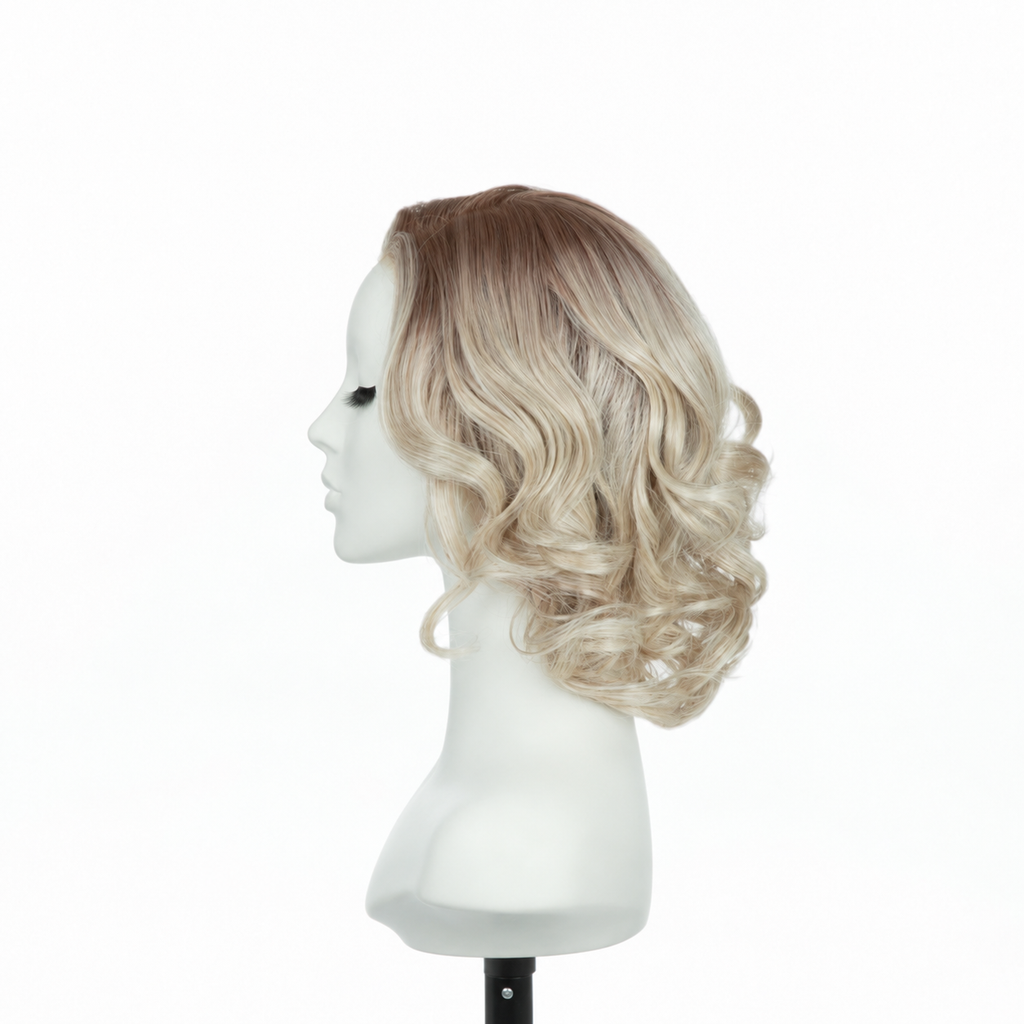 Left profile of rooted platinum blonde loose curly bob synthetic wig