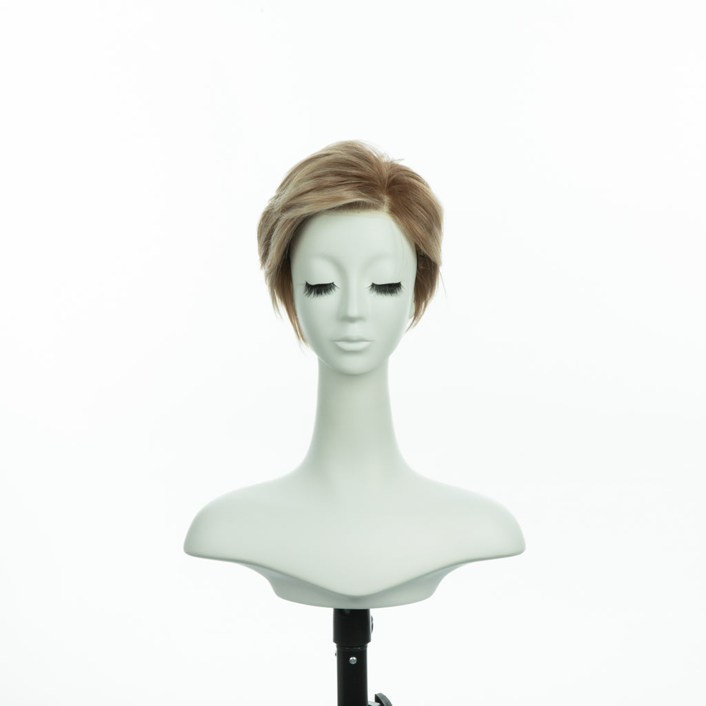 4-inch pastel blonde pixie wig, front view showing side-swept bangs